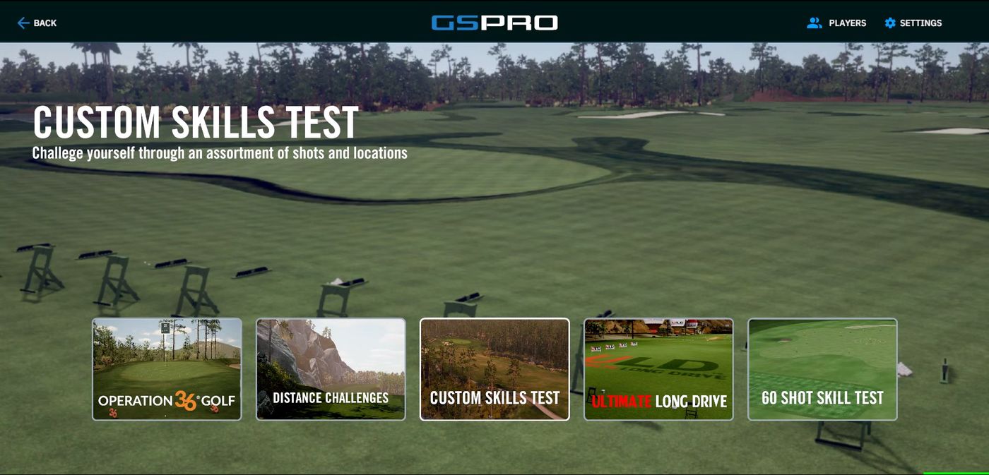 Challenges menu with Operation 36, Distance Challenges, Custom Skills Test, Ultimate Long Drive and 60 Shot Skill Test
