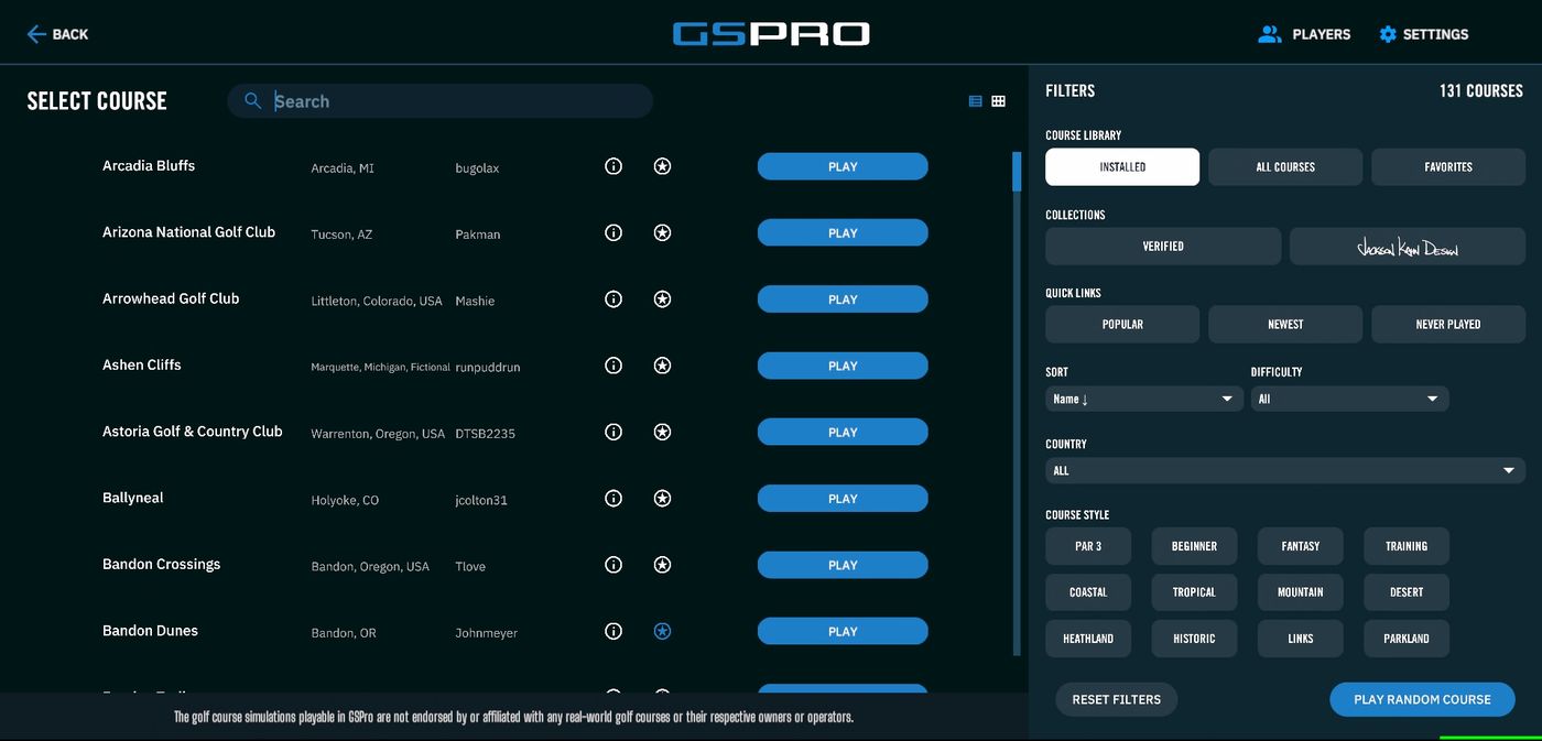 GSPro course selection screen showing installed courses with filters