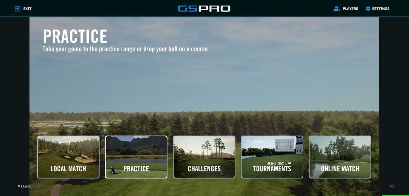 GSPro main menu with five tiles: Local Match, Practice, Challenges, Tournaments and Online Match