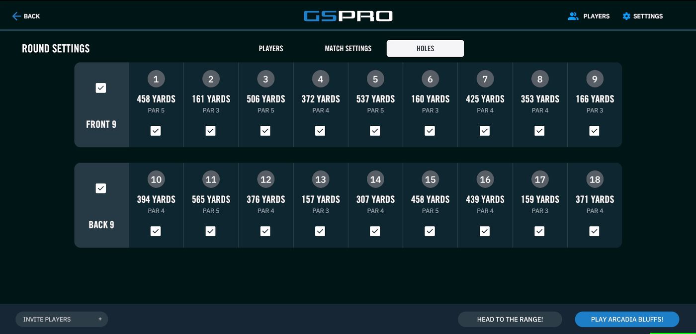 Holes tab showing front 9 and back 9 with tick boxes for each hole