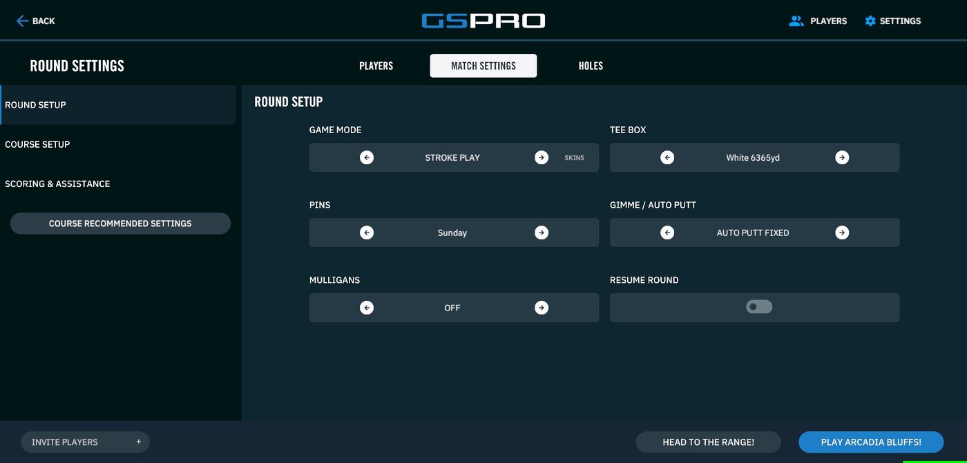 The GSPro round settings screen, explained in our simulator guide