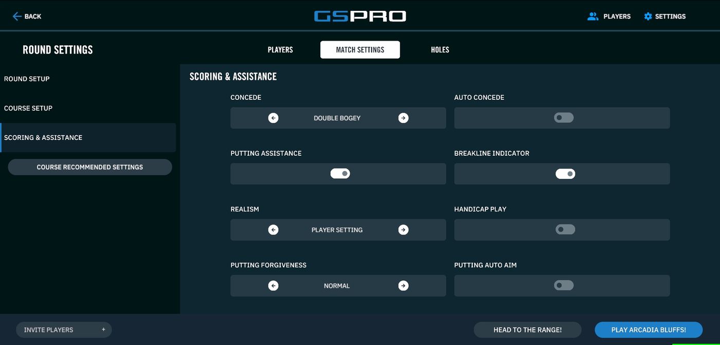 Scoring and assistance settings including concede, putting assistance, realism and handicap play