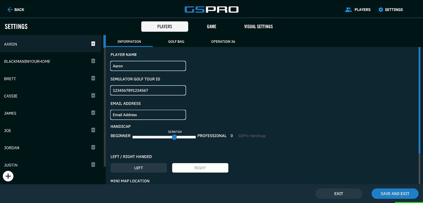 Player profile settings with name, Simulator Golf Tour ID, email address and handicap