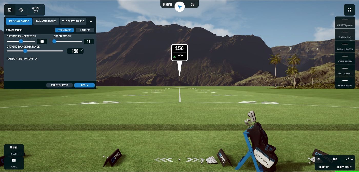 Practice range with the driving range panel open showing range mode, width and distance