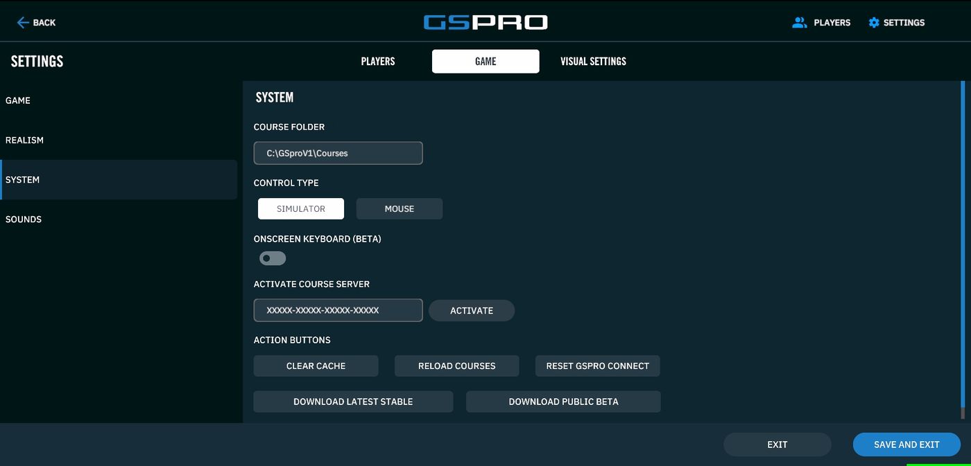 GSPro system settings showing course folder, control type and the Reset GSPro Connect button